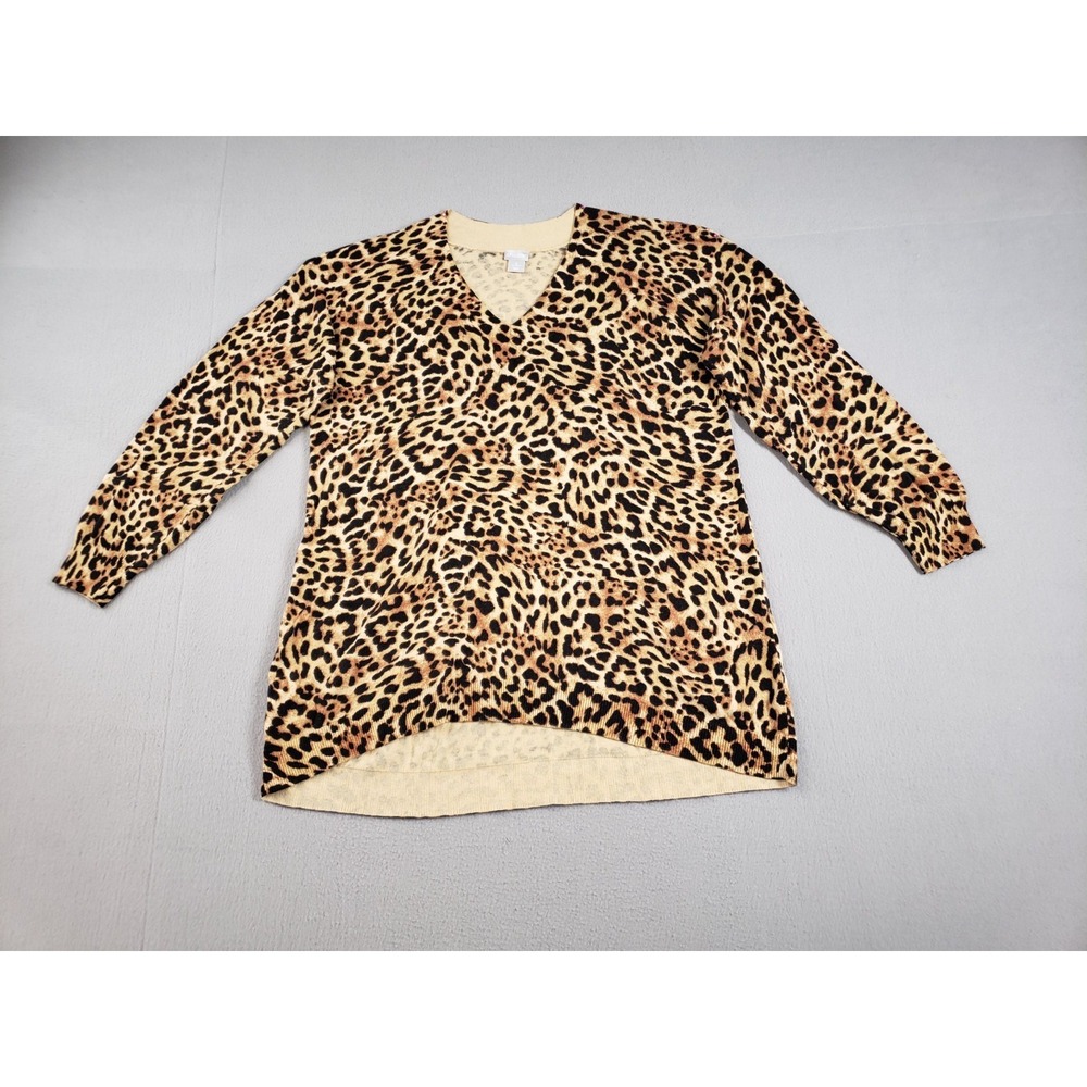 Chicos Women Sweater XL Multicolor Animal Print V Neck 3/4 Sleeve Pullover Warm